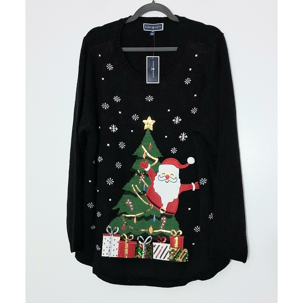 Karen Scott Sweater Womens Size 2X Black Christmas Santa Holiday Long Sleeve NEW